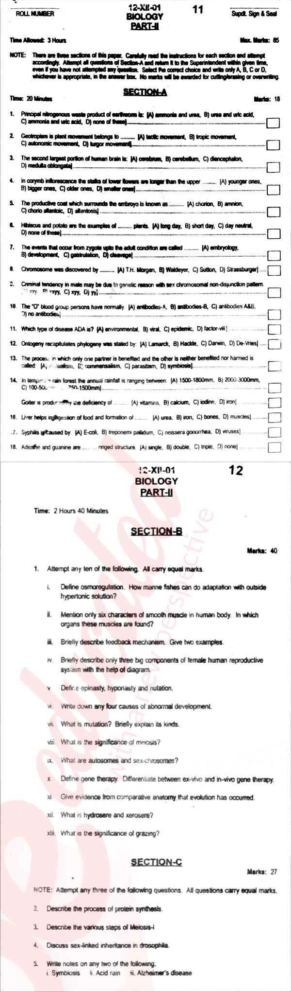 Biology FSC Part 2 Past Paper Group 1 BISE Abbottabad 2012