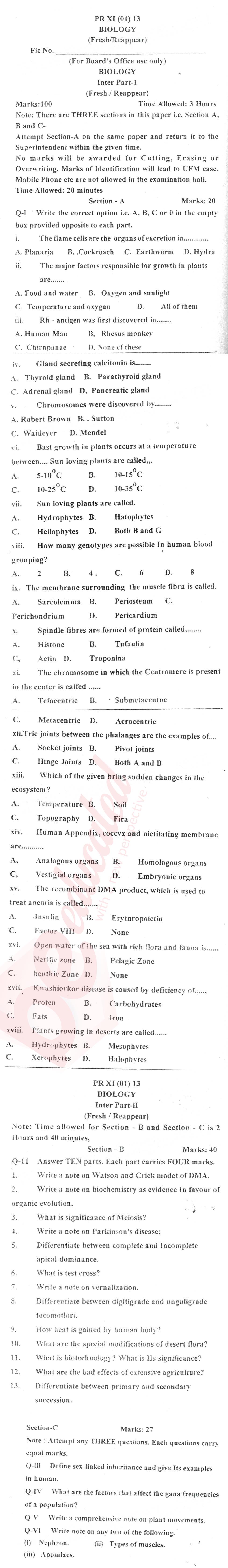 Biology FSC Part 2 Past Paper Group 1 BISE Abbottabad 2013