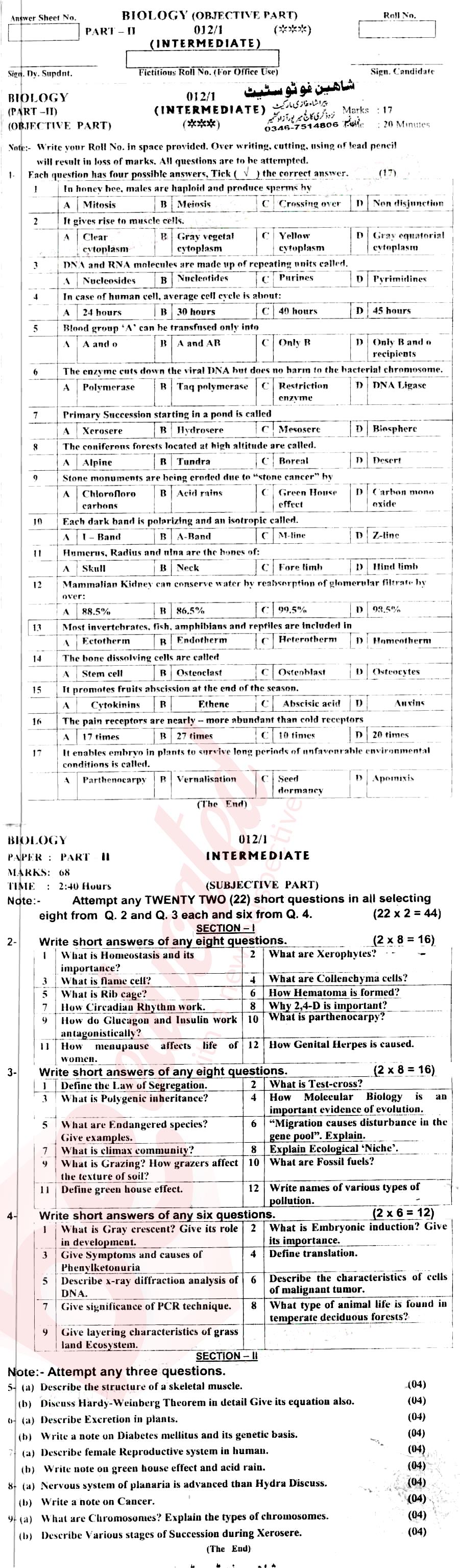 Biology FSC Part 2 Past Paper Group 1 BISE AJK 2012