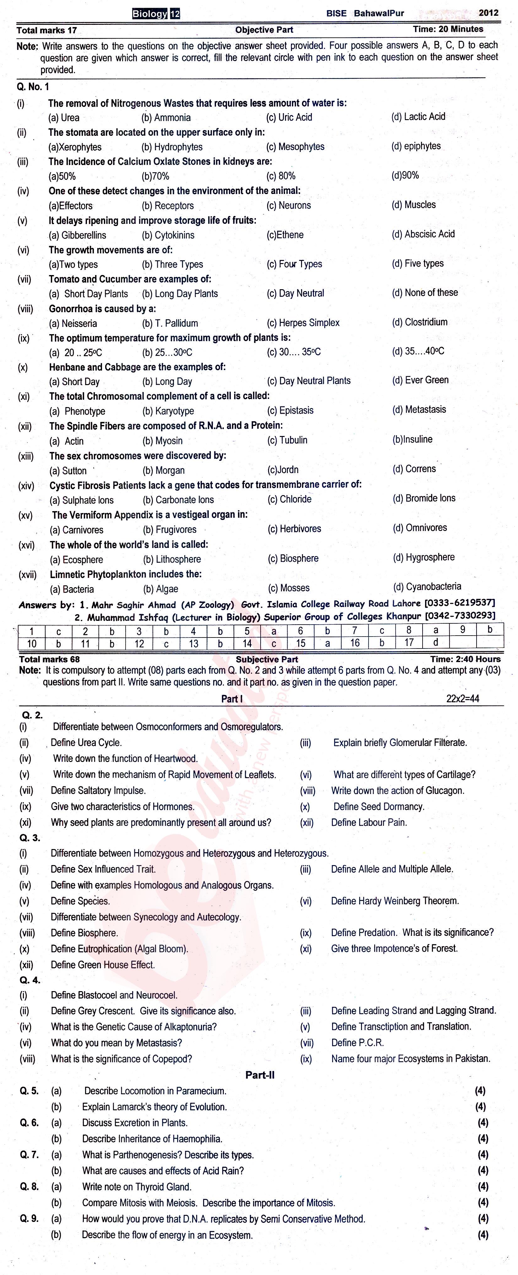 Biology FSC Part 2 Past Paper Group 1 BISE Bahawalpur 2012