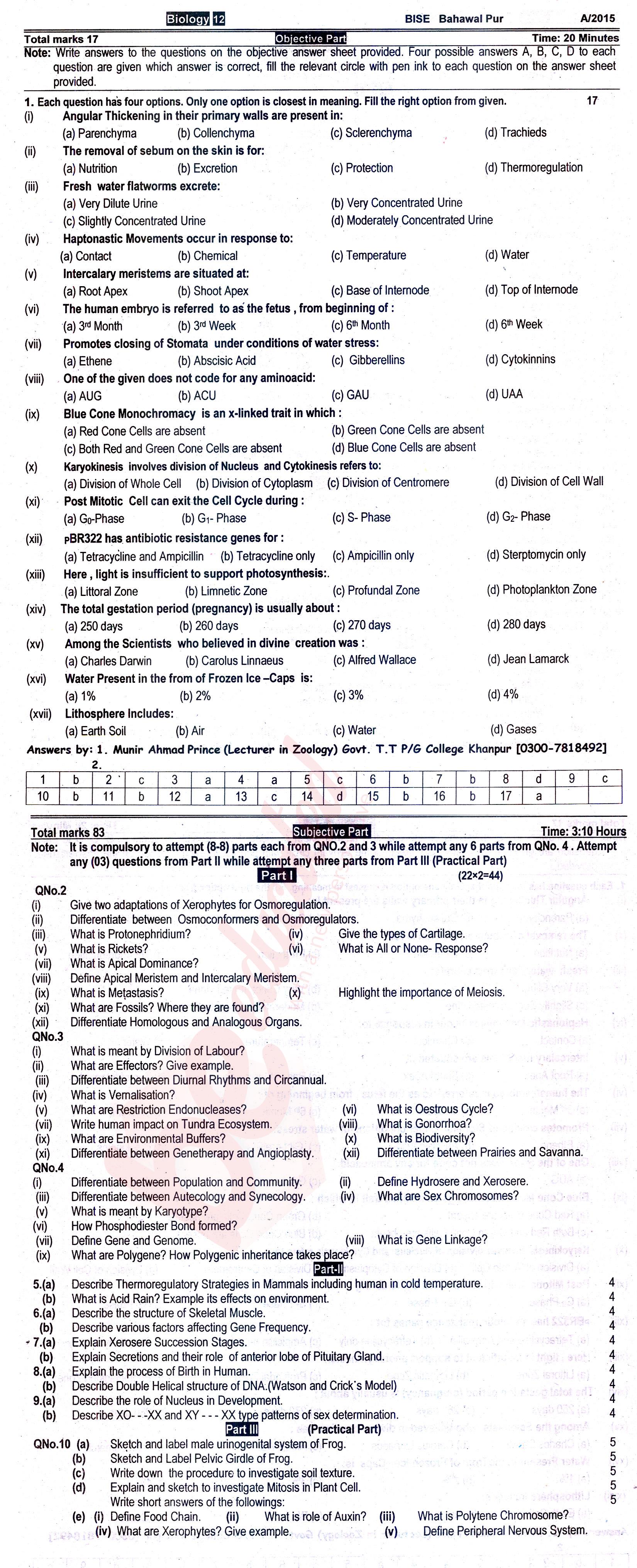 Biology FSC Part 2 Past Paper Group 1 BISE Bahawalpur 2015