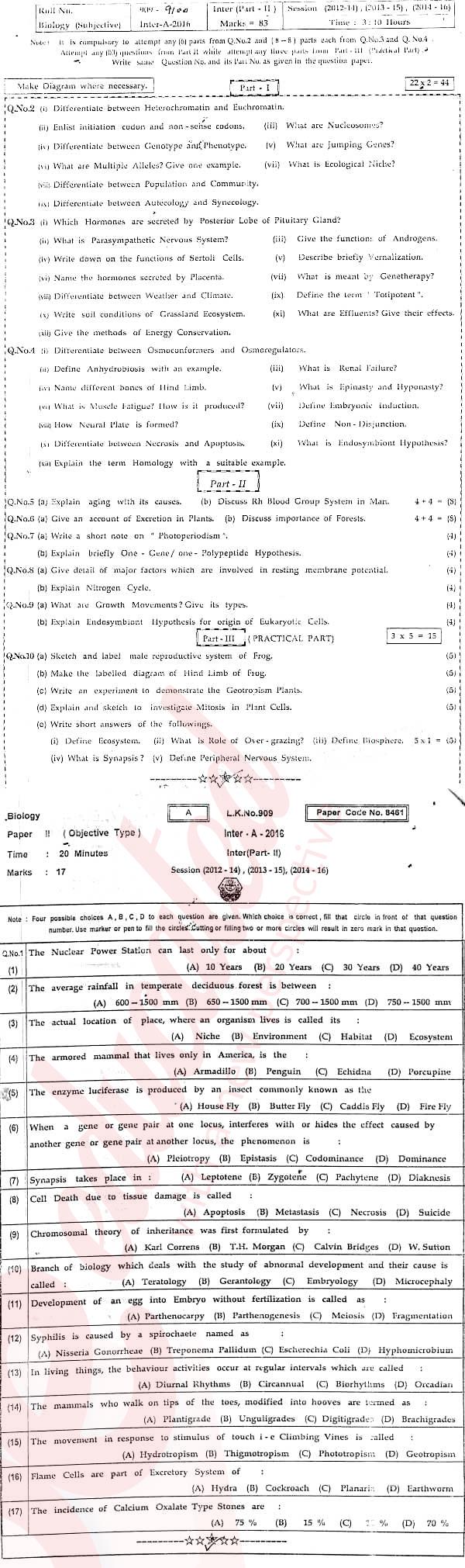 Biology FSC Part 2 Past Paper Group 1 BISE Bahawalpur 2016