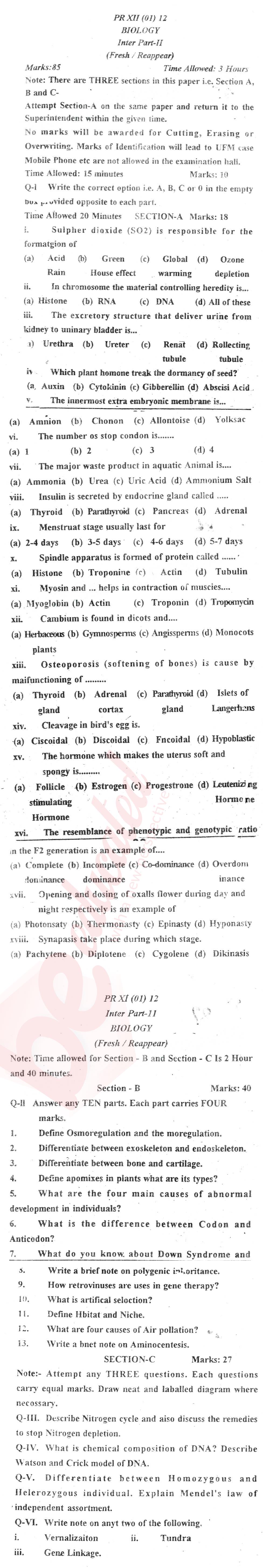 Biology FSC Part 2 Past Paper Group 1 BISE Bannu 2012