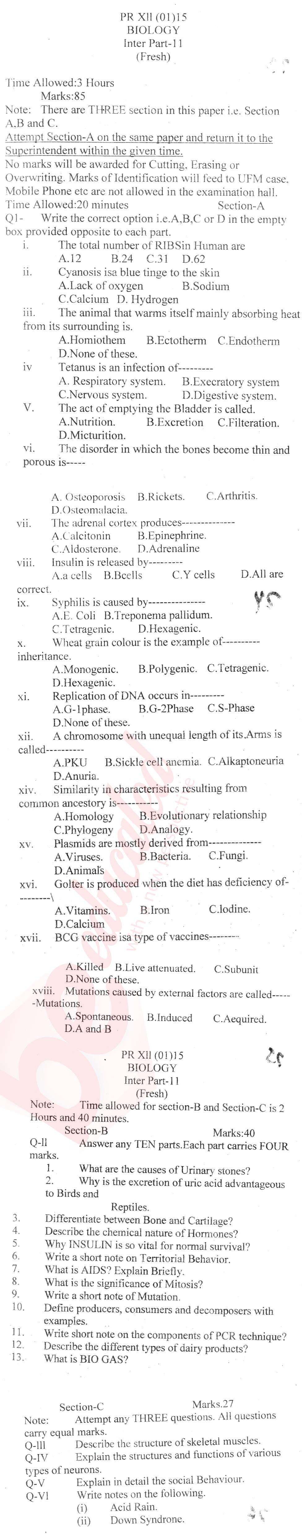 Biology FSC Part 2 Past Paper Group 1 BISE Bannu 2015