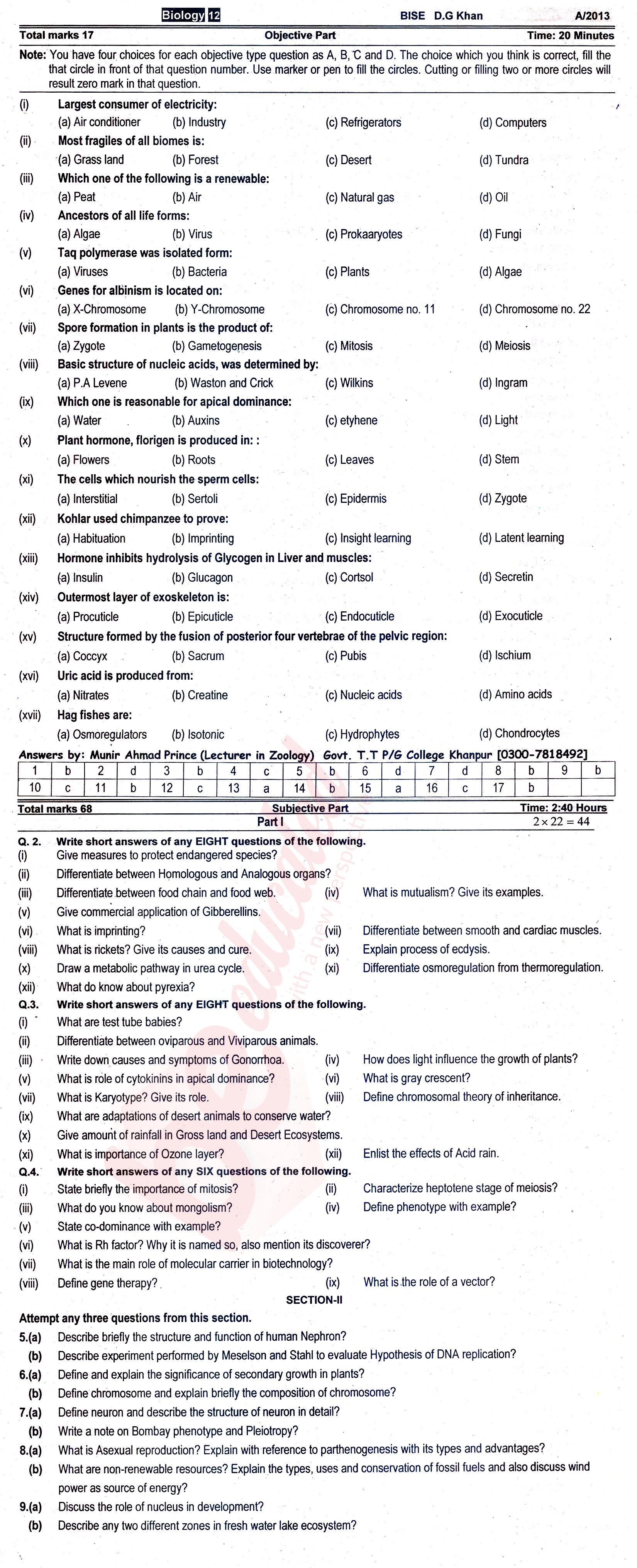 Biology FSC Part 2 Past Paper Group 1 BISE DG Khan 2013