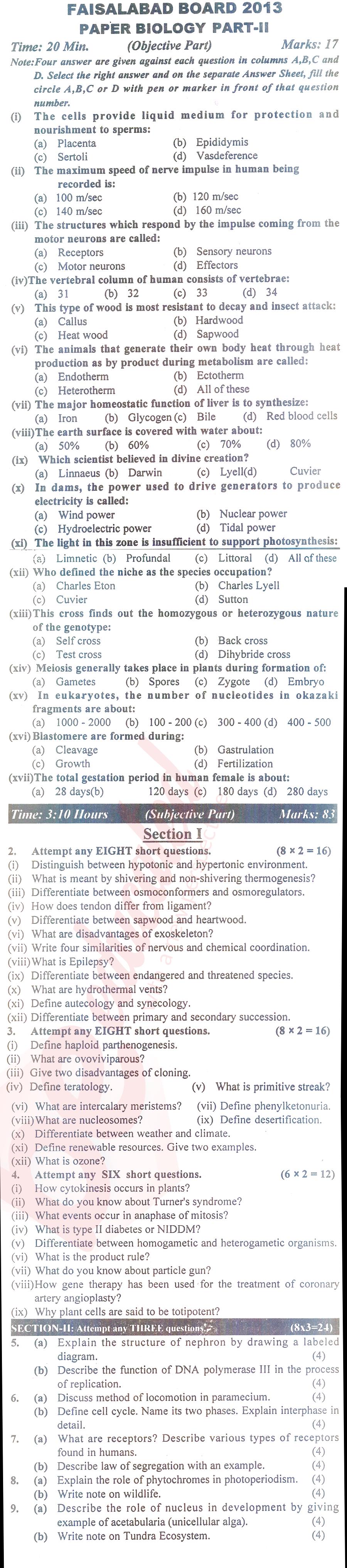 Biology FSC Part 2 Past Paper Group 1 BISE Faisalabad 2013