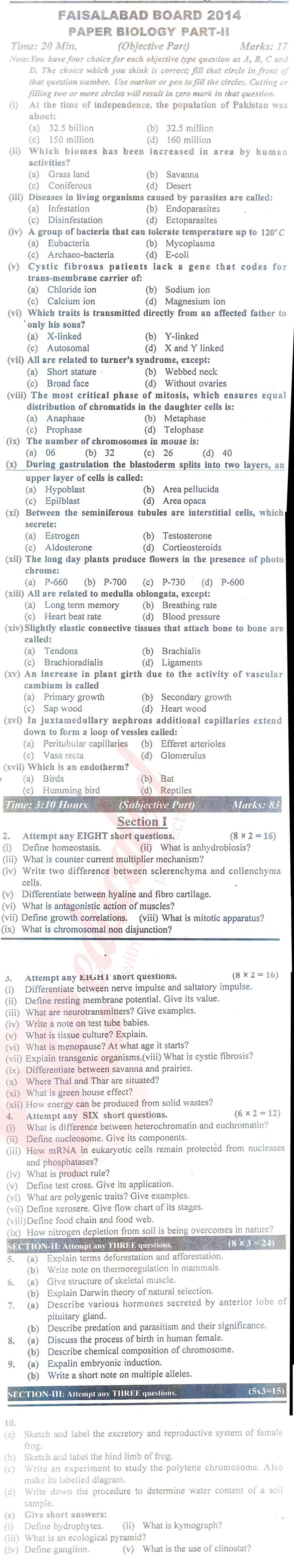 Biology FSC Part 2 Past Paper Group 1 BISE Faisalabad 2014