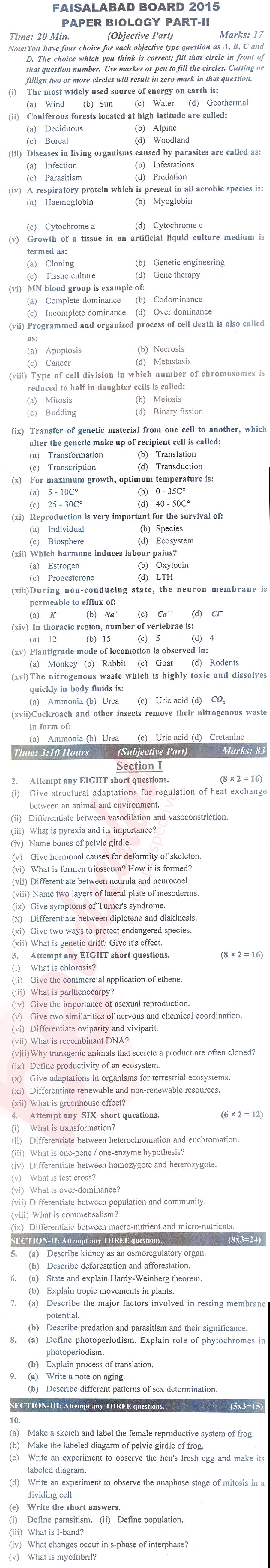 Biology FSC Part 2 Past Paper Group 1 BISE Faisalabad 2015