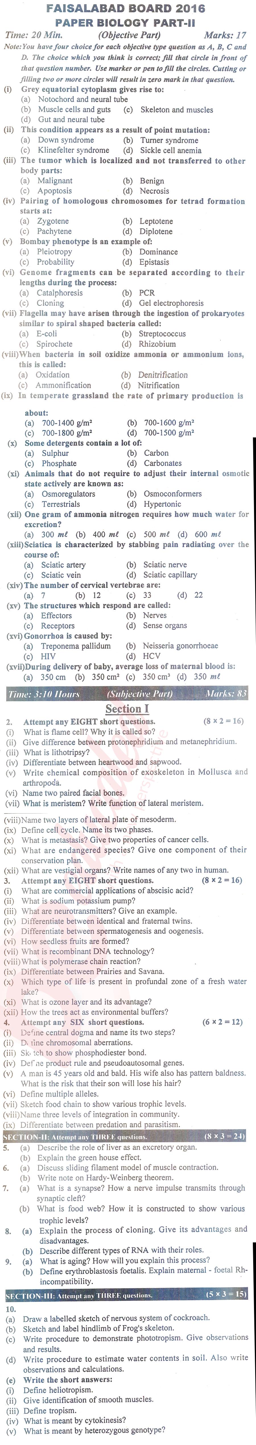 Biology FSC Part 2 Past Paper Group 1 BISE Faisalabad 2016