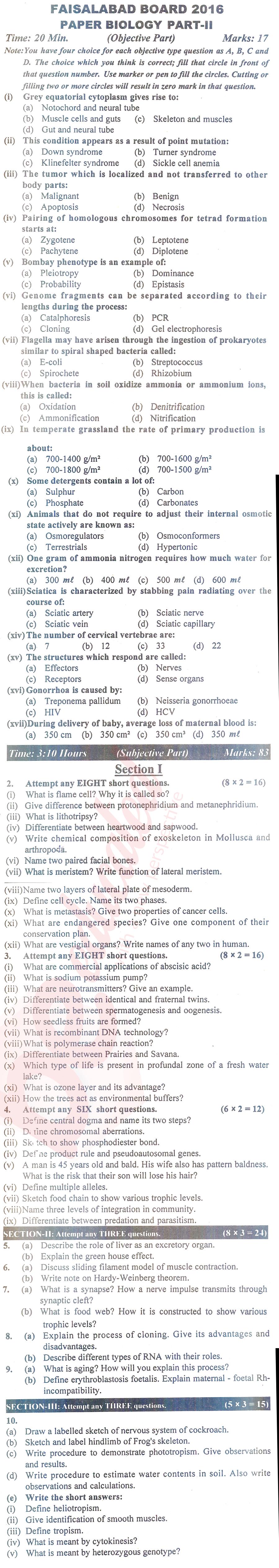 Biology FSC Part 2 Past Paper Group 1 BISE Faisalabad 2016