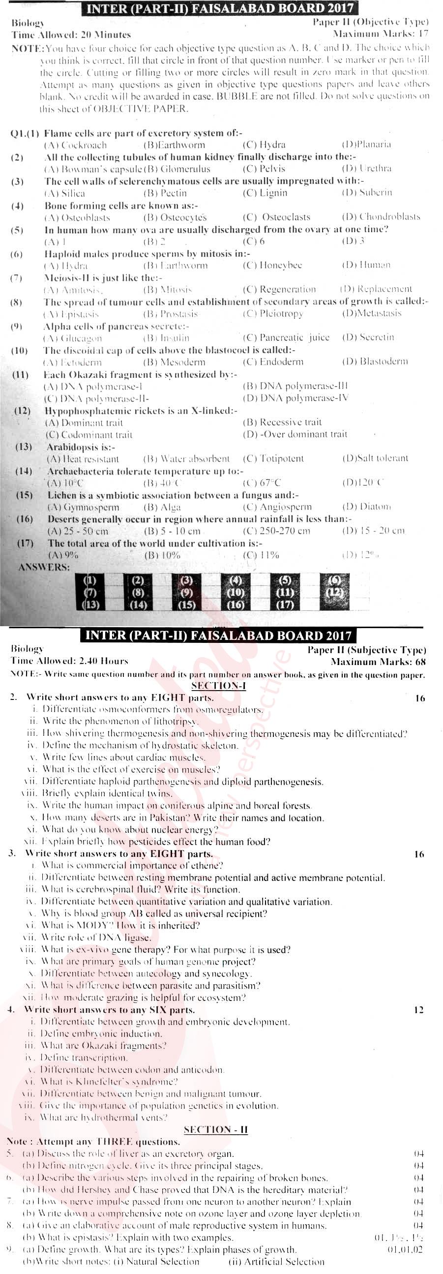 Biology FSC Part 2 Past Paper Group 1 BISE Faisalabad 2017