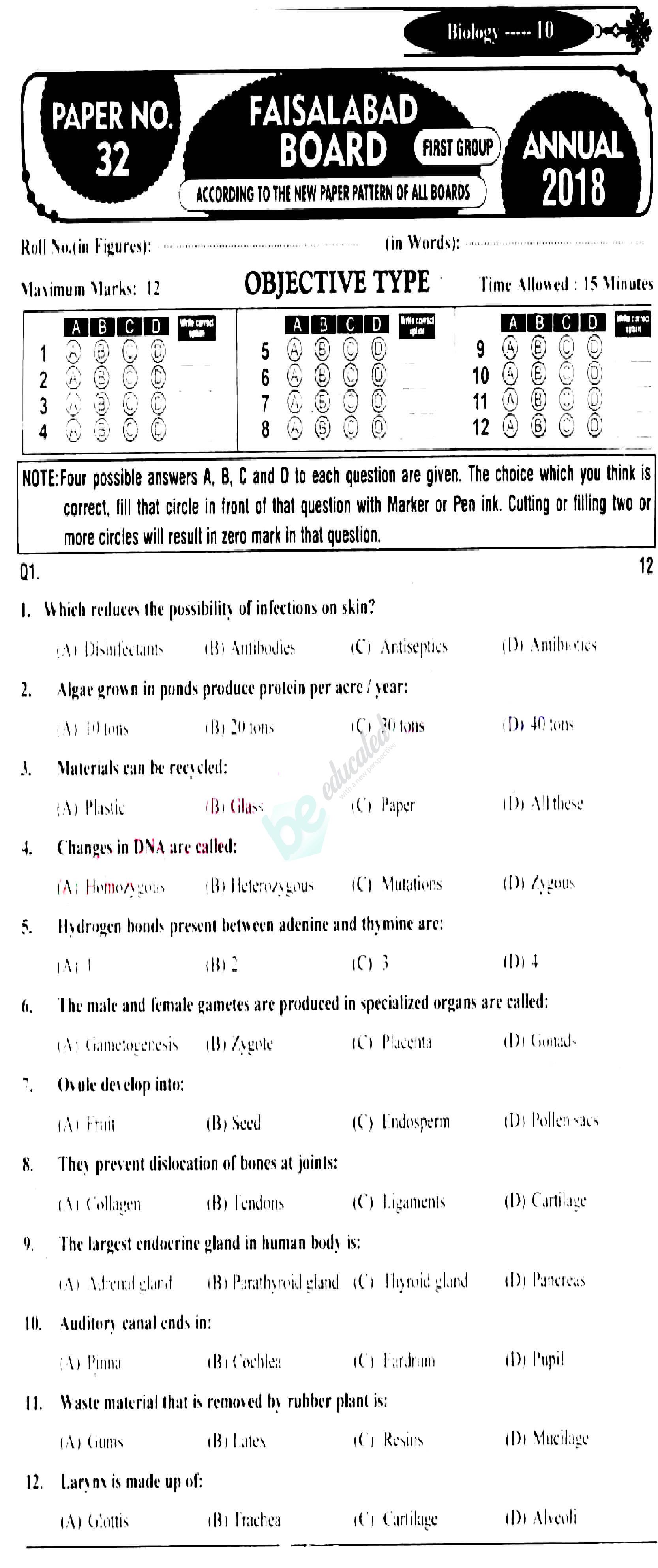 Biology FSC Part 2 Past Paper Group 1 BISE Faisalabad 2018