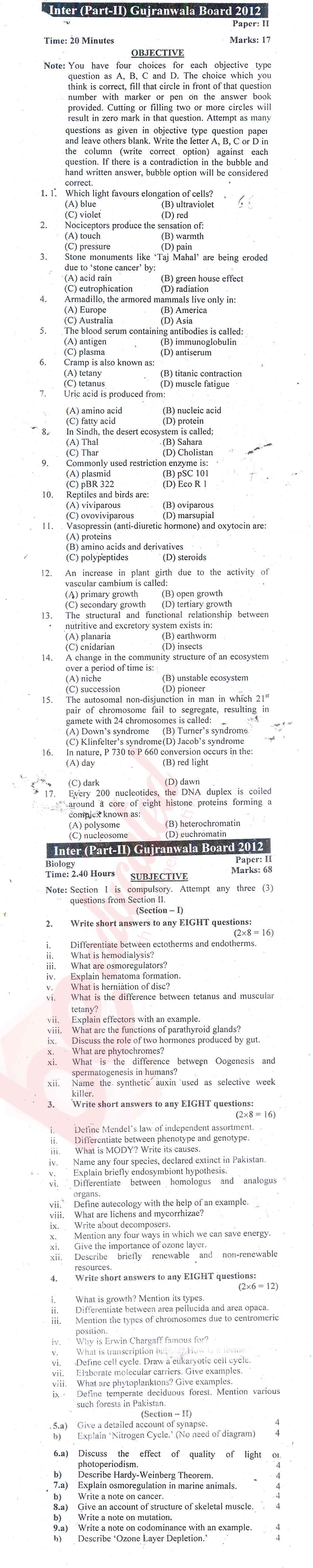 Biology FSC Part 2 Past Paper Group 1 BISE Gujranwala 2012