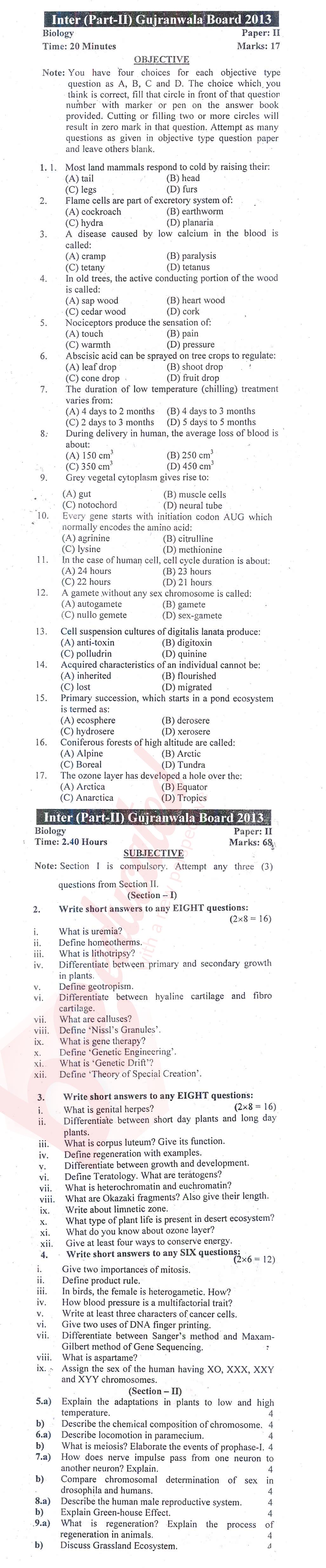 Biology FSC Part 2 Past Paper Group 1 BISE Gujranwala 2013