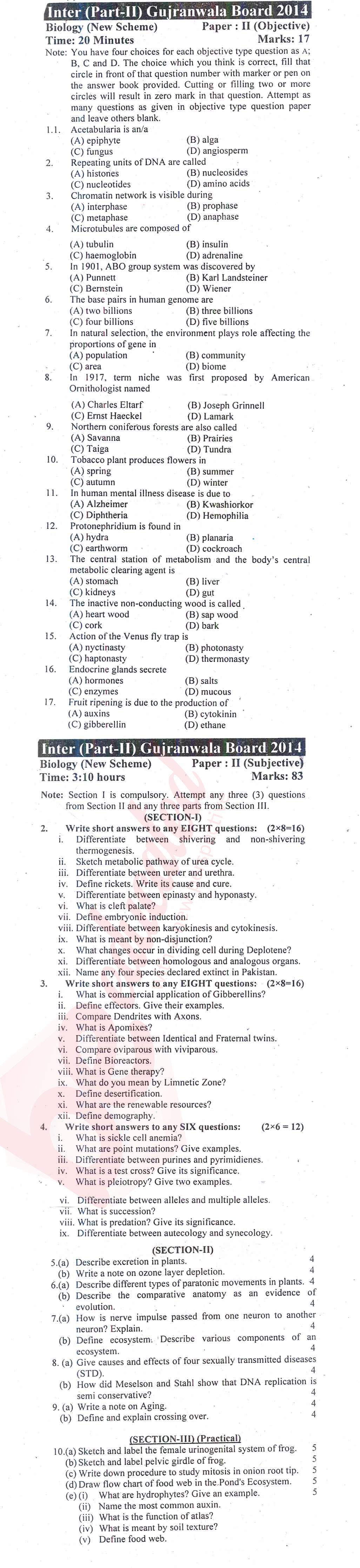 Biology FSC Part 2 Past Paper Group 1 BISE Gujranwala 2014