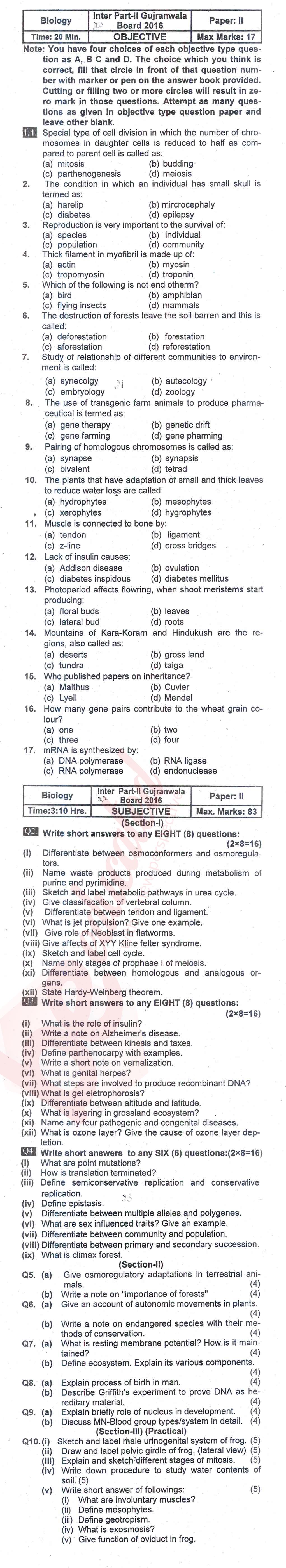 Biology FSC Part 2 Past Paper Group 1 BISE Gujranwala 2016