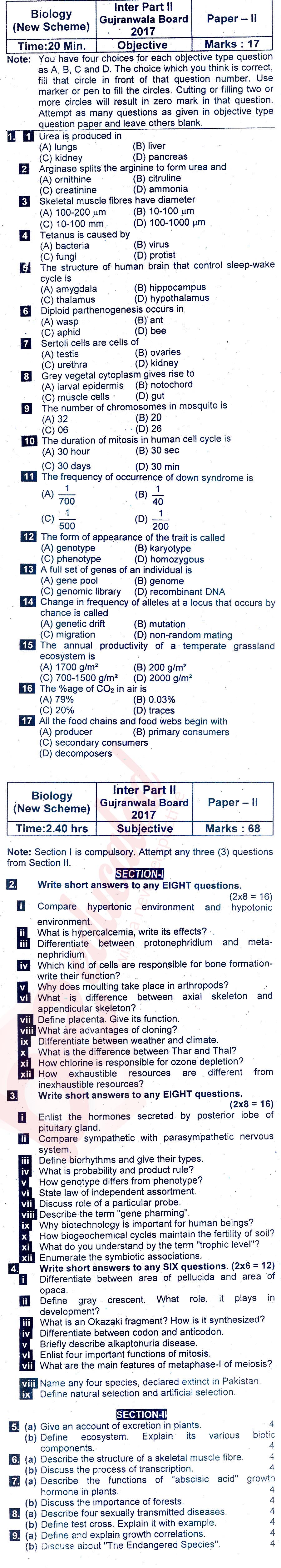 Biology FSC Part 2 Past Paper Group 1 BISE Gujranwala 2017