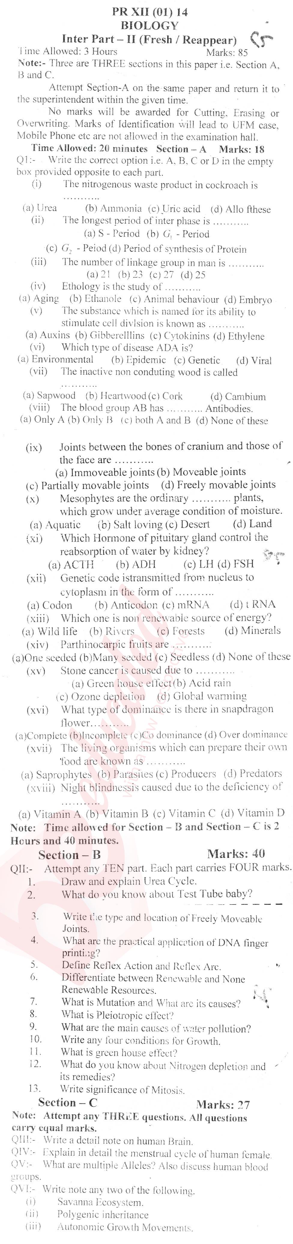 Biology FSC Part 2 Past Paper Group 1 BISE Kohat 2014