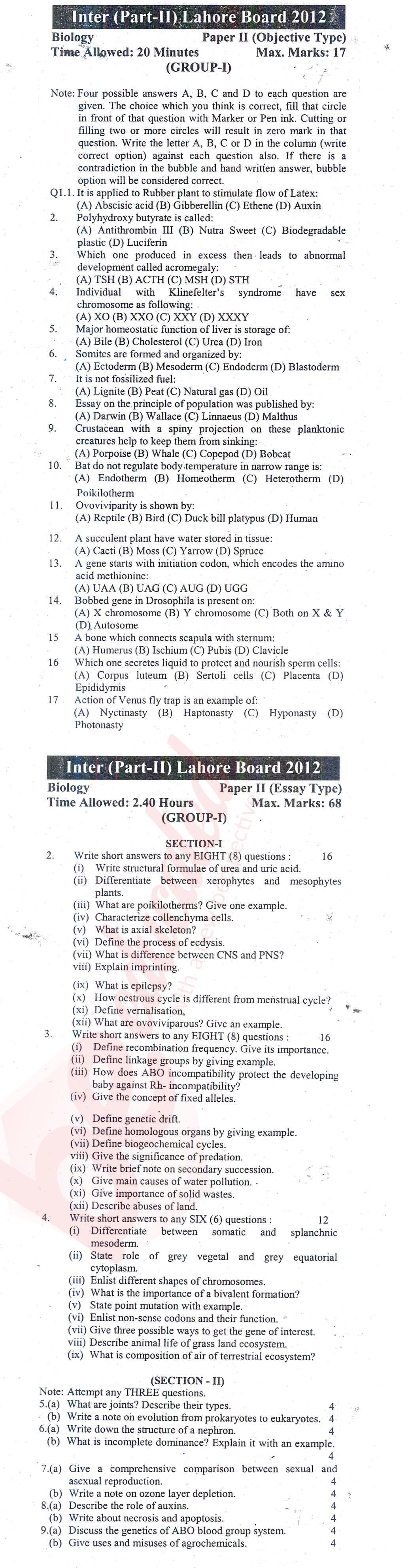 Biology FSC Part 2 Past Paper Group 1 BISE Lahore 2012