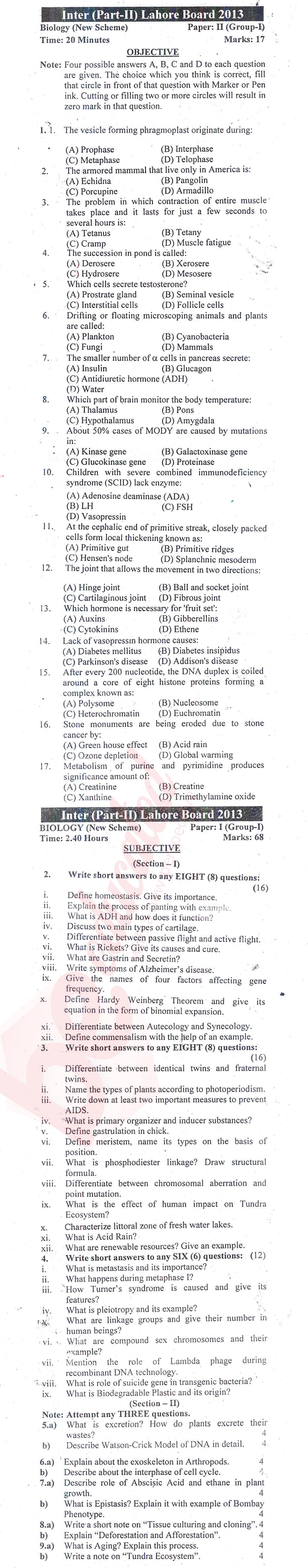 Biology FSC Part 2 Past Paper Group 1 BISE Lahore 2013