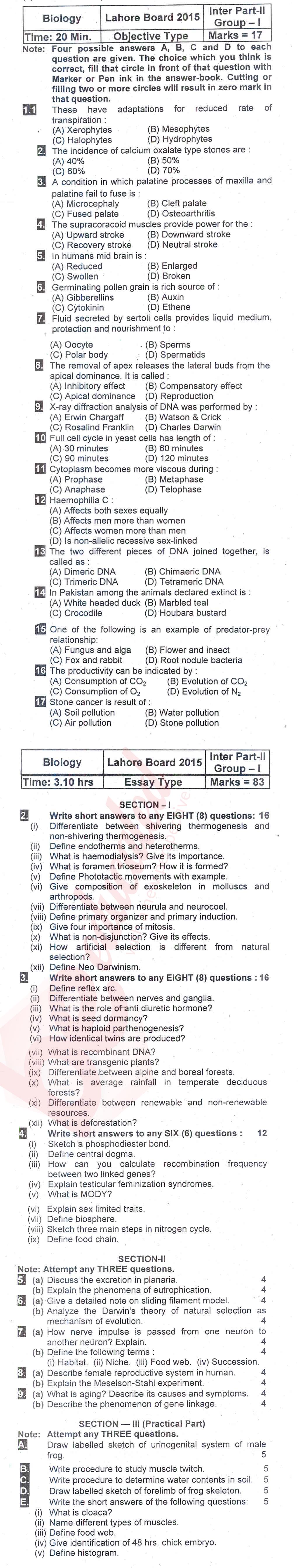 Biology FSC Part 2 Past Paper Group 1 BISE Lahore 2015