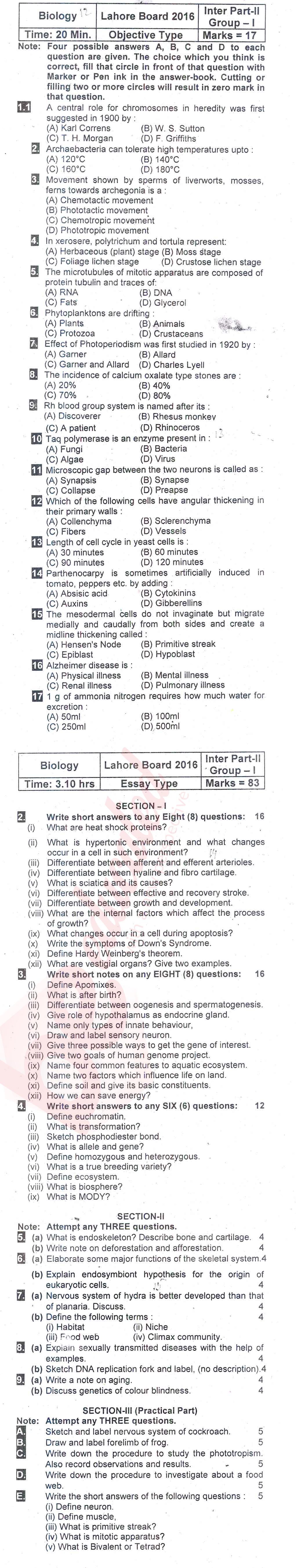 Biology FSC Part 2 Past Paper Group 1 BISE Lahore 2016