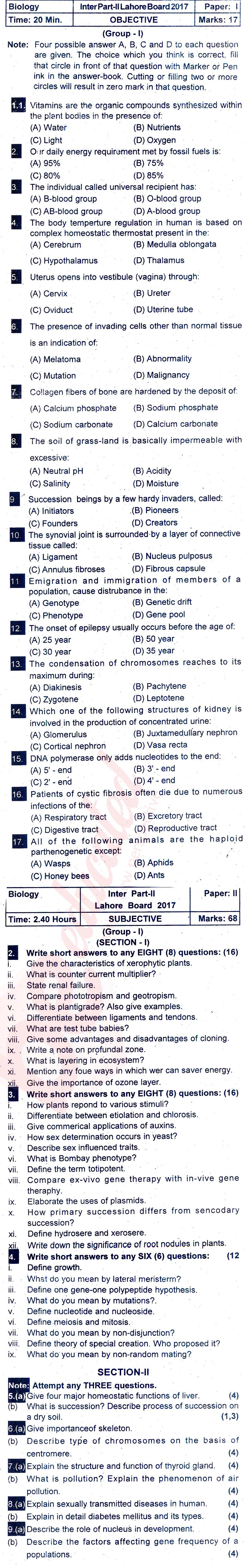 Biology FSC Part 2 Past Paper Group 1 BISE Lahore 2017