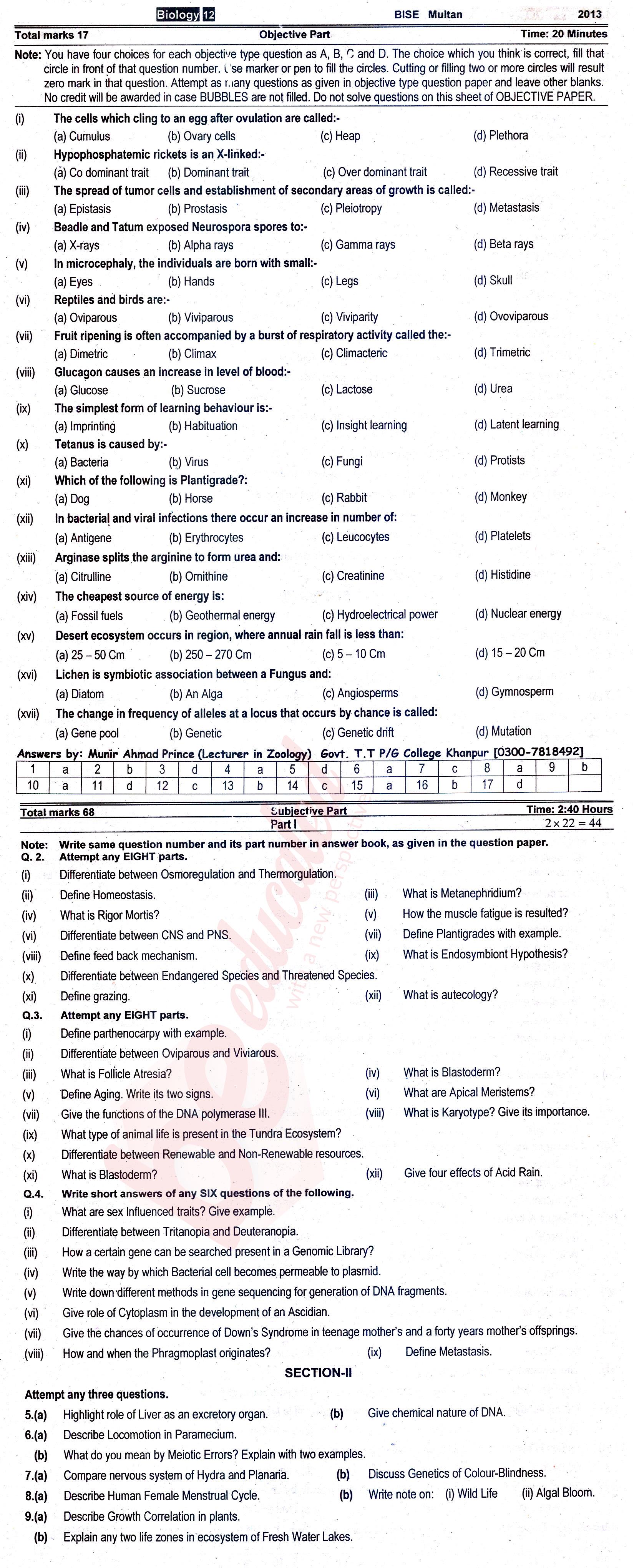 Biology FSC Part 2 Past Paper Group 1 BISE Multan 2013