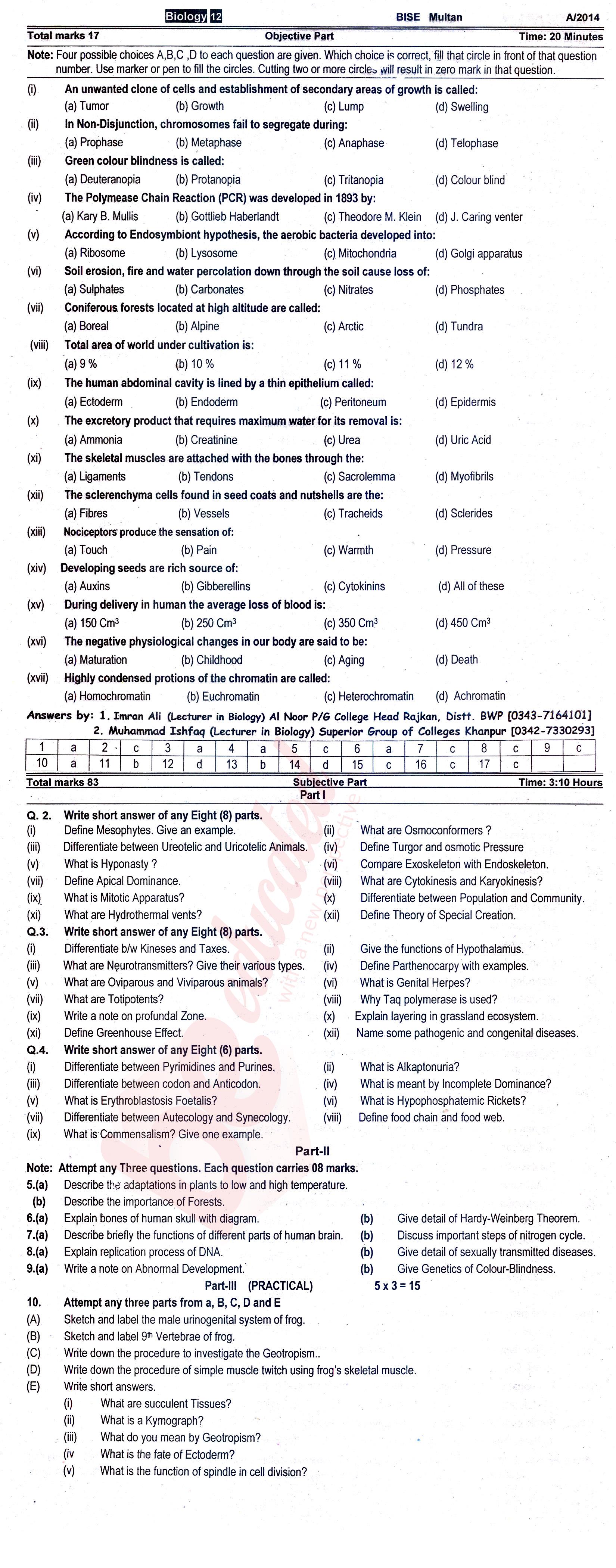 Biology FSC Part 2 Past Paper Group 1 BISE Multan 2014