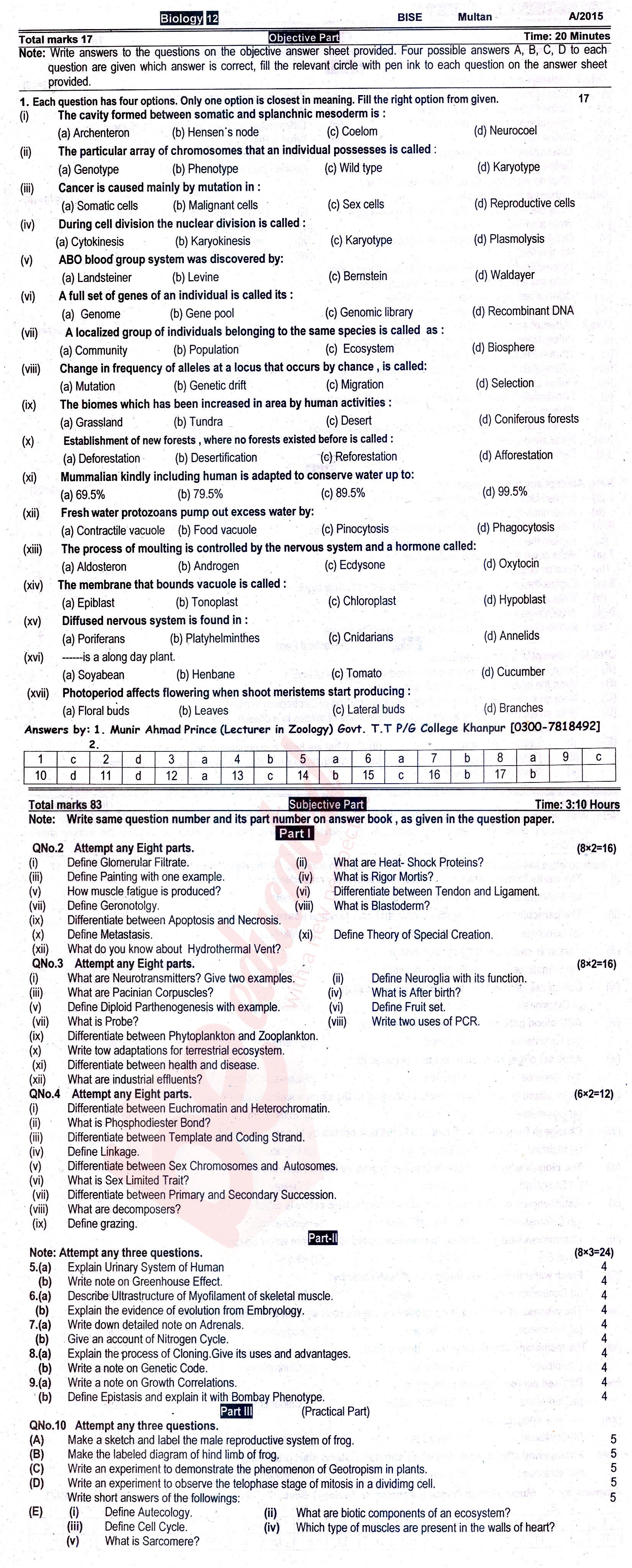 Biology FSC Part 2 Past Paper Group 1 BISE Multan 2015