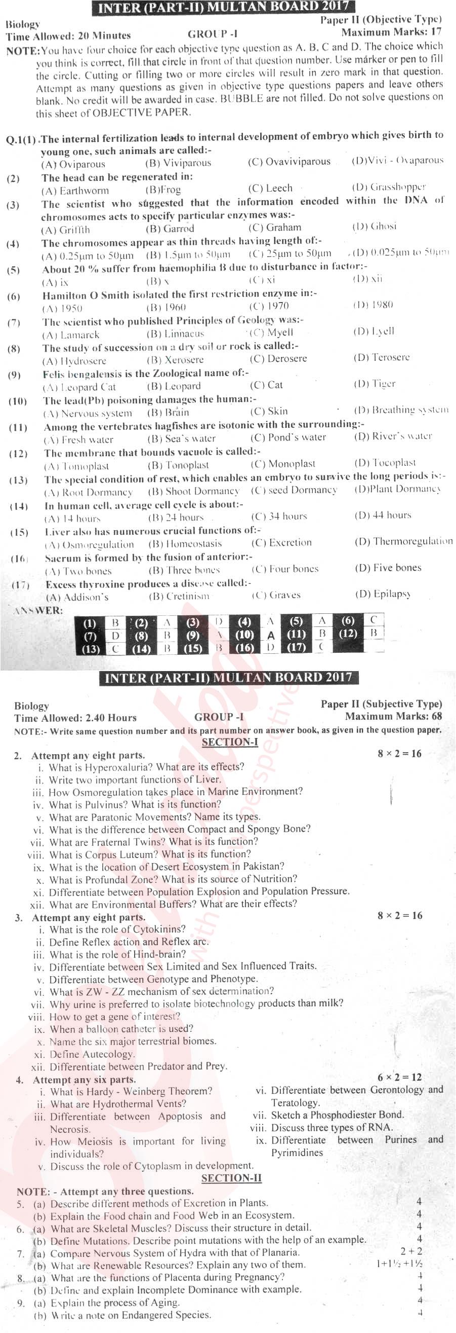 Biology FSC Part 2 Past Paper Group 1 BISE Multan 2017