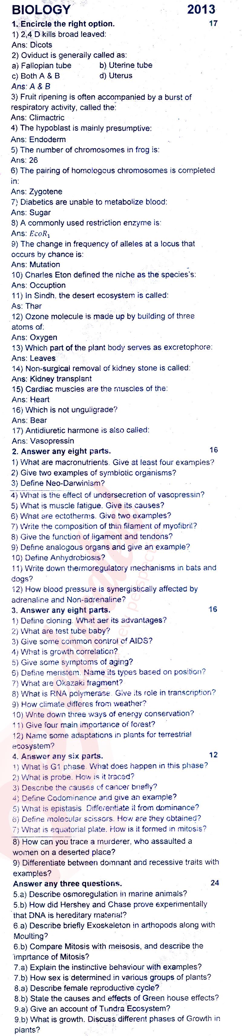 Biology FSC Part 2 Past Paper Group 1 BISE Rawalpindi 2013