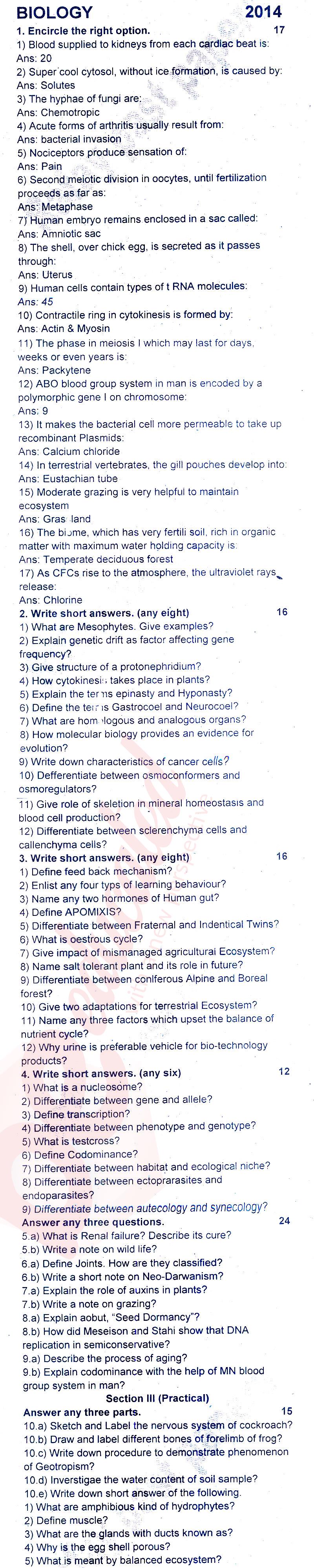 Biology FSC Part 2 Past Paper Group 1 BISE Rawalpindi 2014