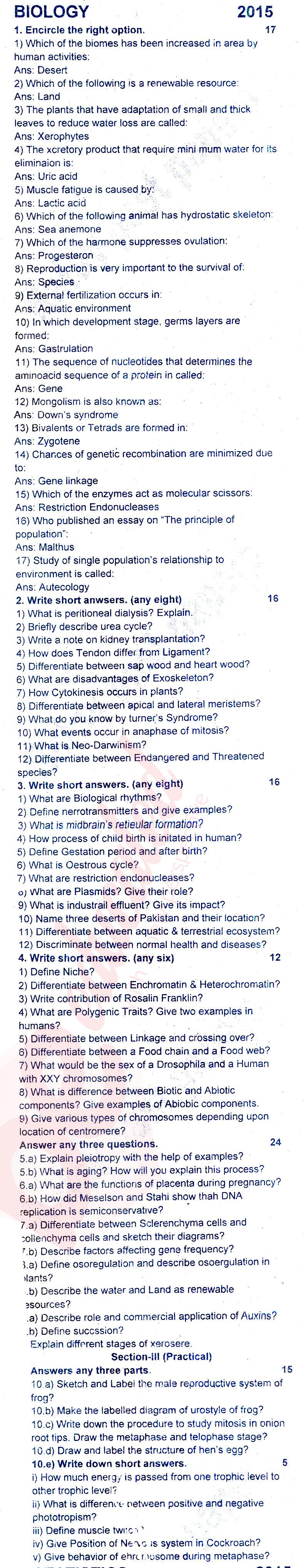 Biology FSC Part 2 Past Paper Group 1 BISE Rawalpindi 2015