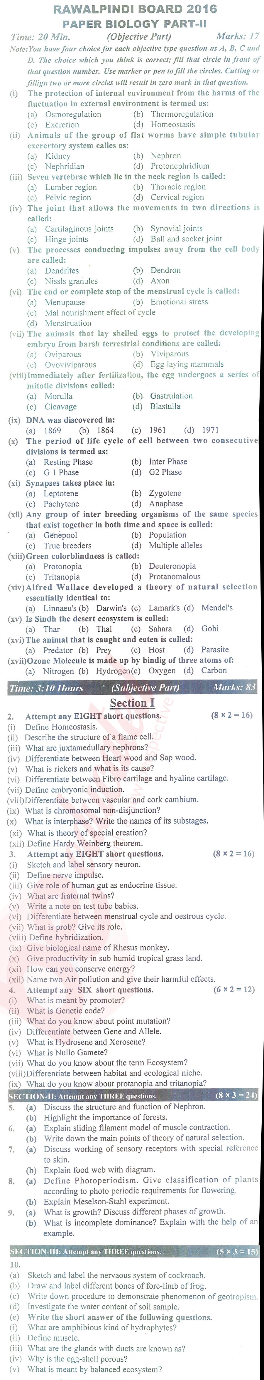 Biology FSC Part 2 Past Paper Group 1 BISE Rawalpindi 2016