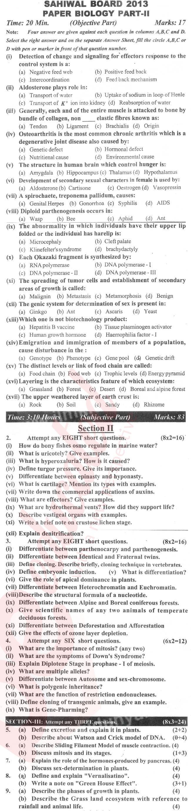 Biology FSC Part 2 Past Paper Group 1 BISE Sahiwal 2013