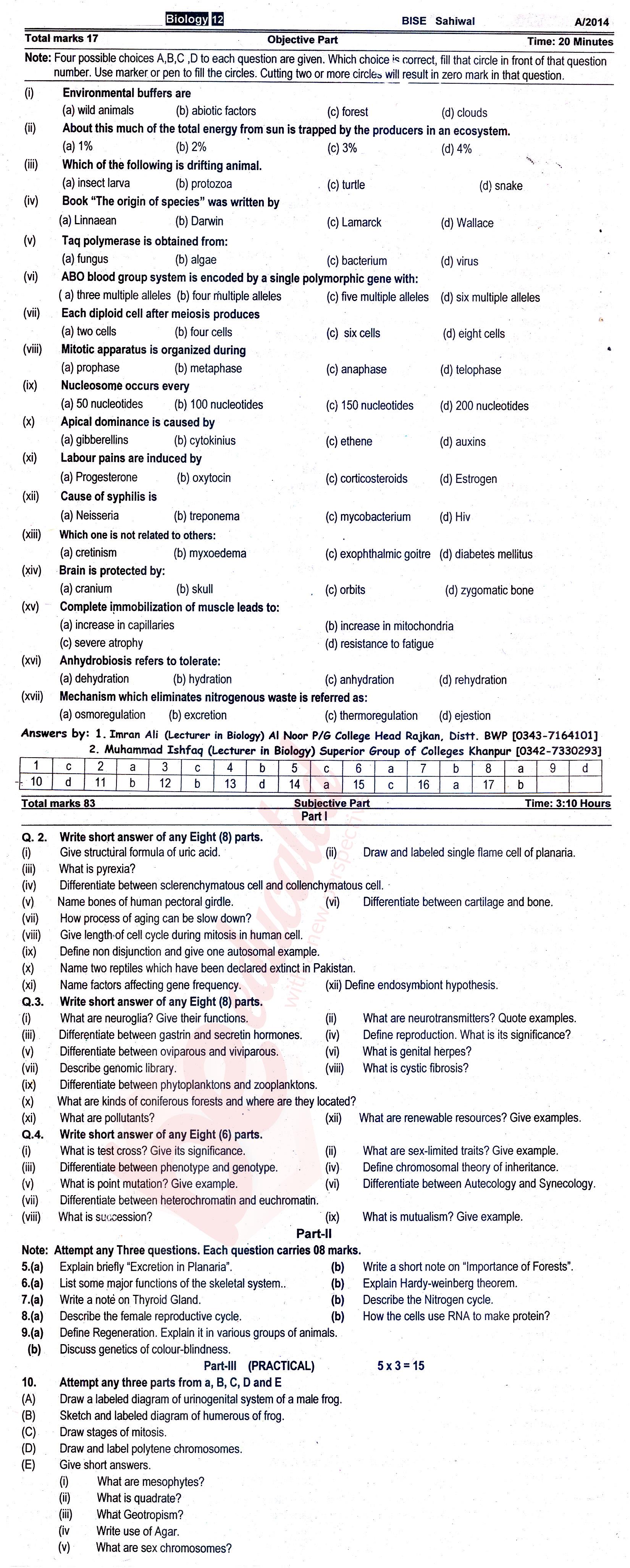 Biology FSC Part 2 Past Paper Group 1 BISE Sahiwal 2014