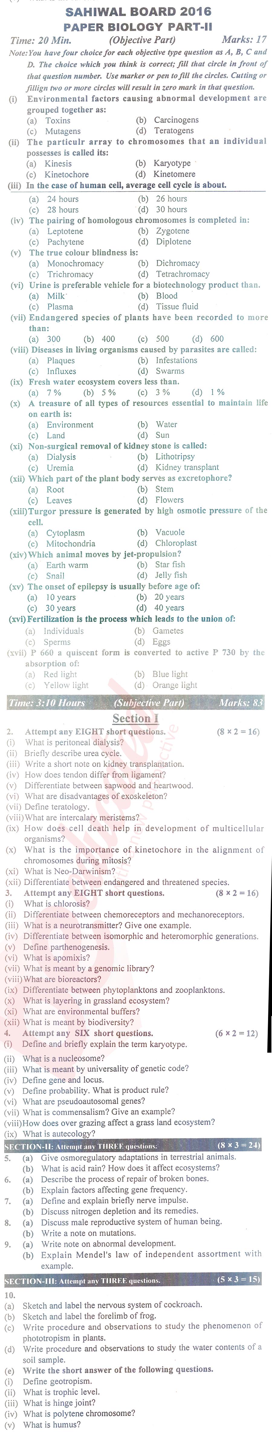 Biology FSC Part 2 Past Paper Group 1 BISE Sahiwal 2016