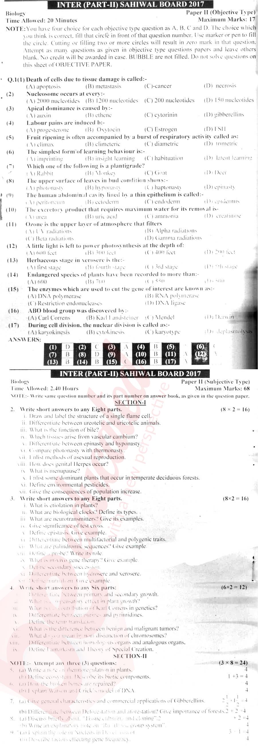 Biology FSC Part 2 Past Paper Group 1 BISE Sahiwal 2017