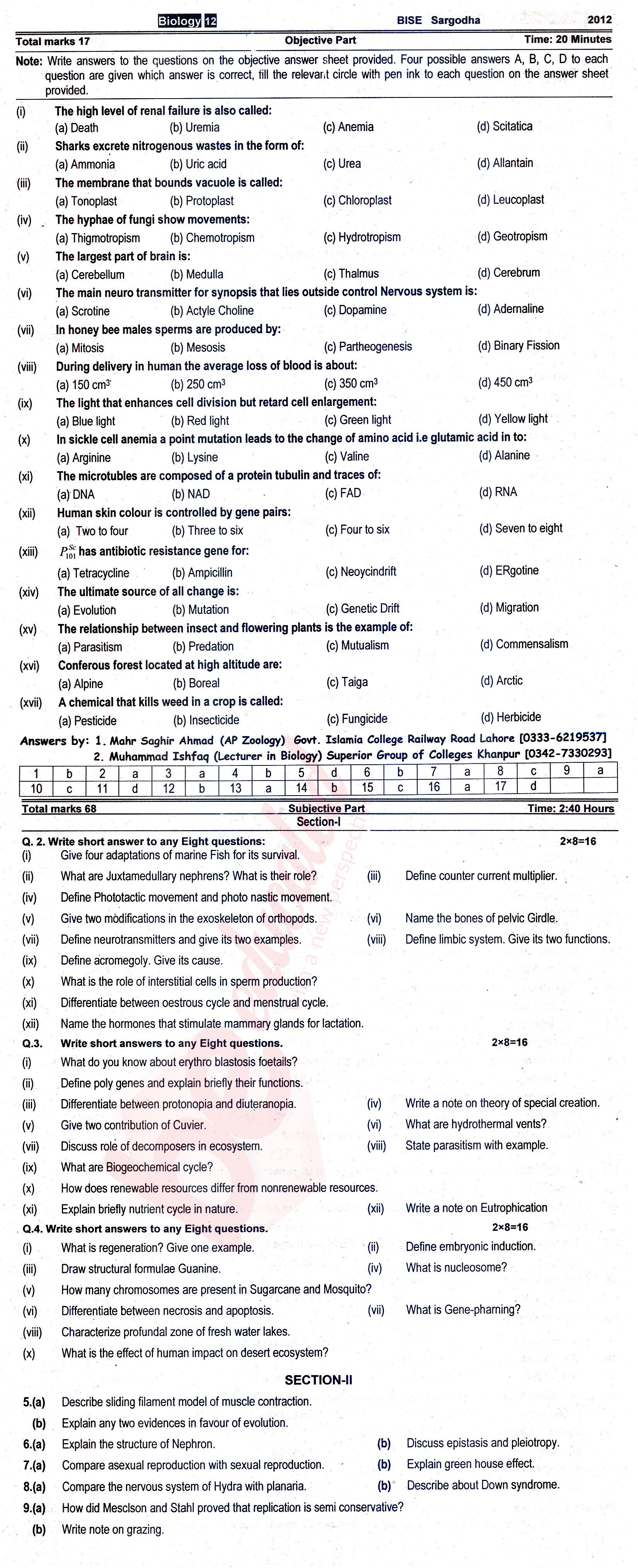 Biology FSC Part 2 Past Paper Group 1 BISE Sargodha 2012