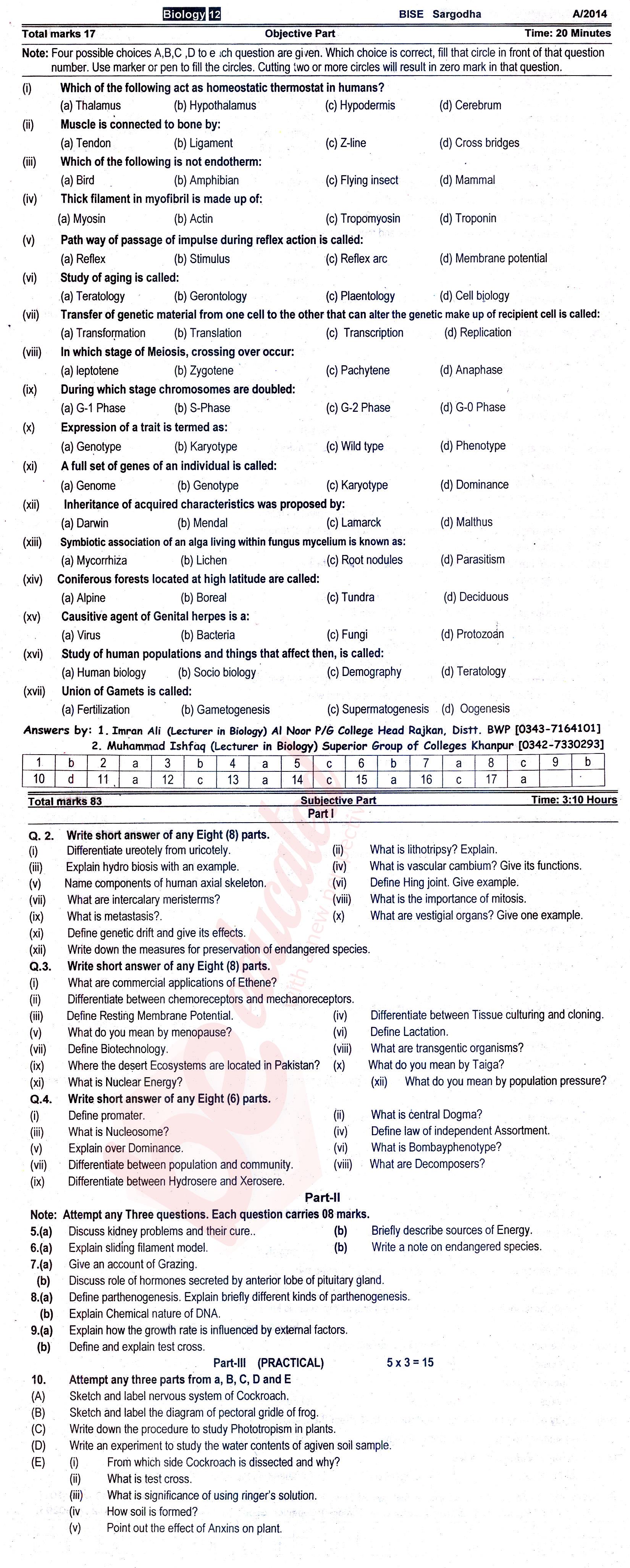 Biology FSC Part 2 Past Paper Group 1 BISE Sargodha 2014