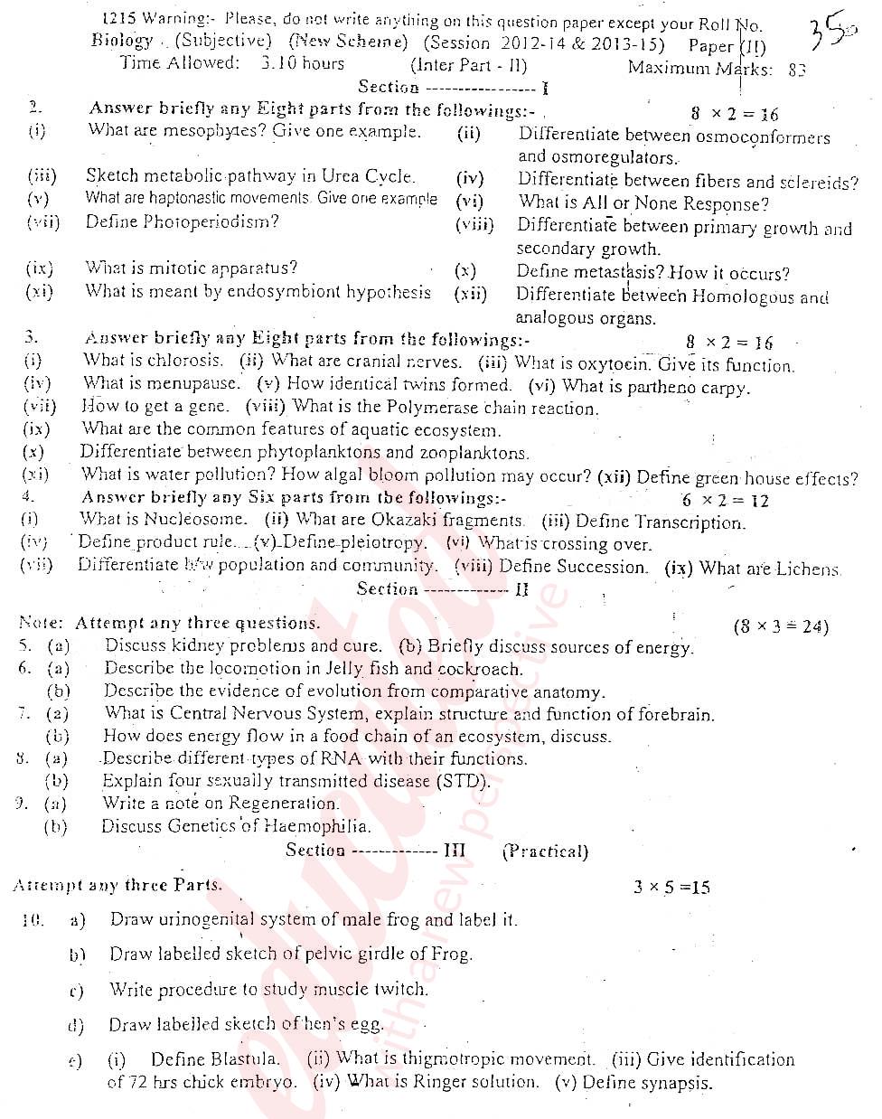 Biology FSC Part 2 Past Paper Group 1 BISE Sargodha 2015