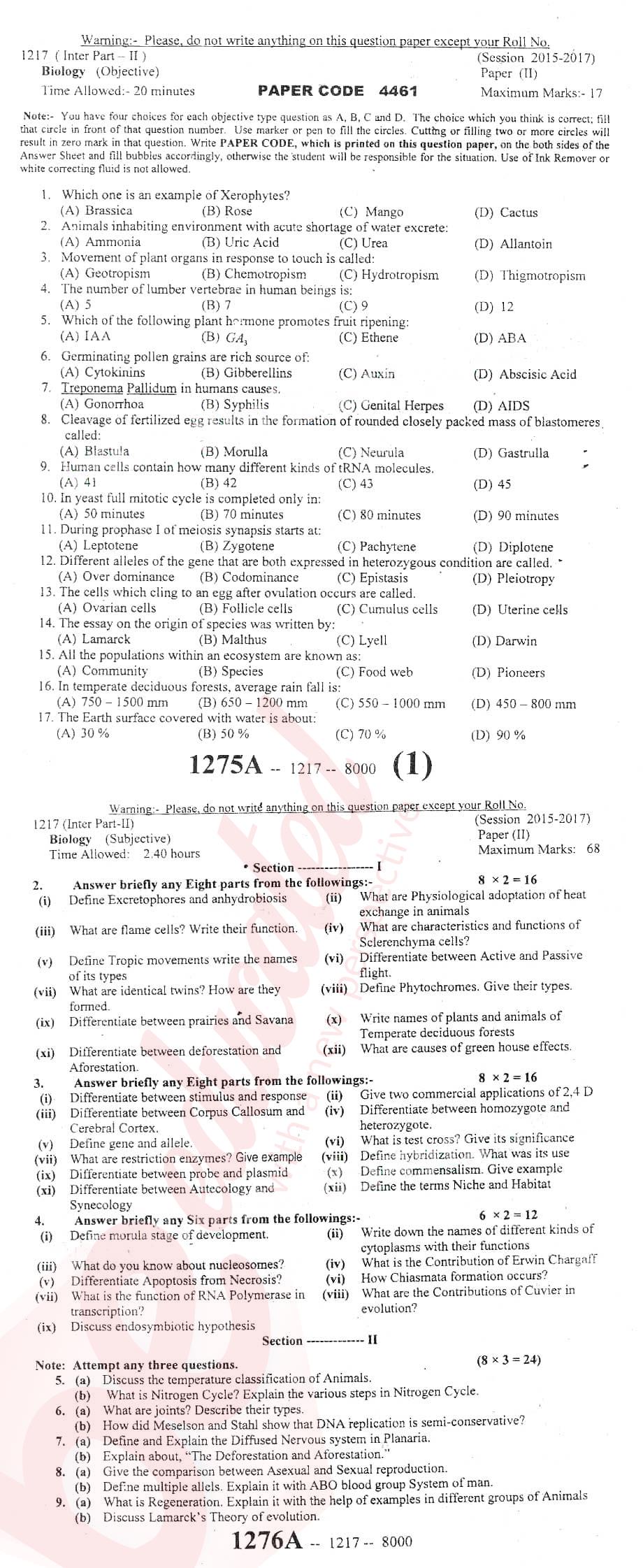 Biology FSC Part 2 Past Paper Group 1 BISE Sargodha 2017