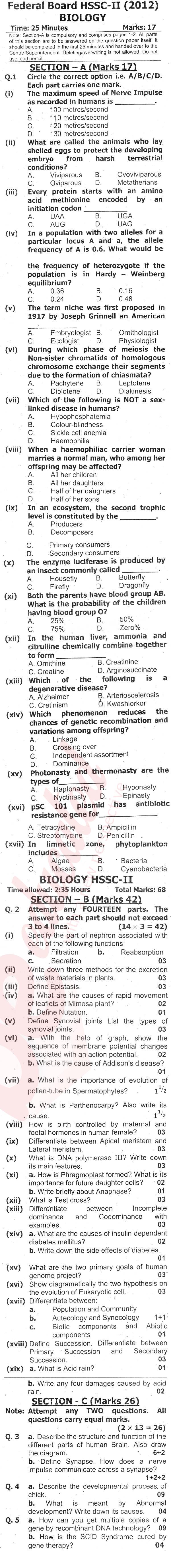 Biology FSC Part 2 Past Paper Group 1 Federal BISE  2012