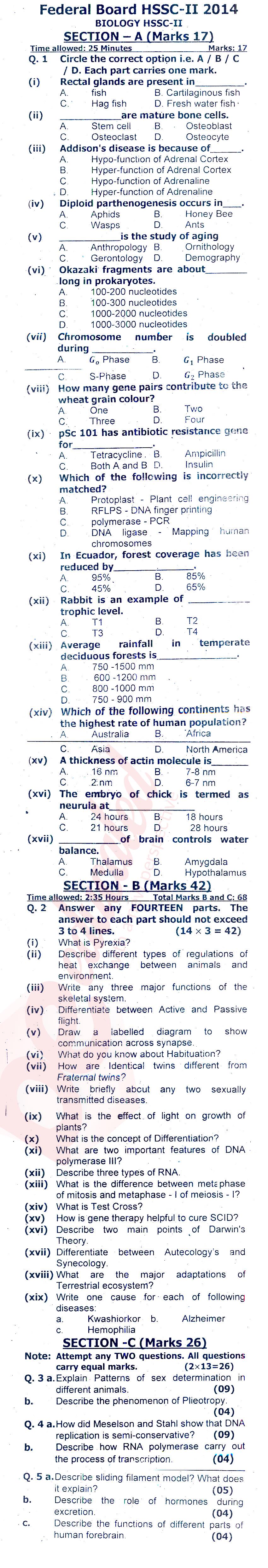 Biology FSC Part 2 Past Paper Group 1 Federal BISE  2014