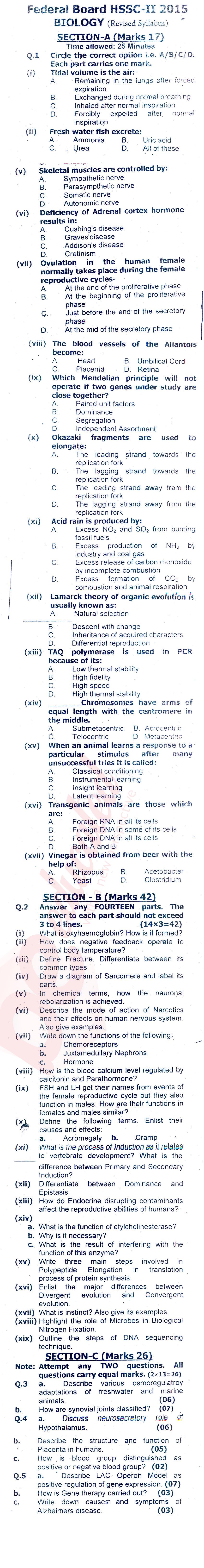 Biology FSC Part 2 Past Paper Group 1 Federal BISE  2015