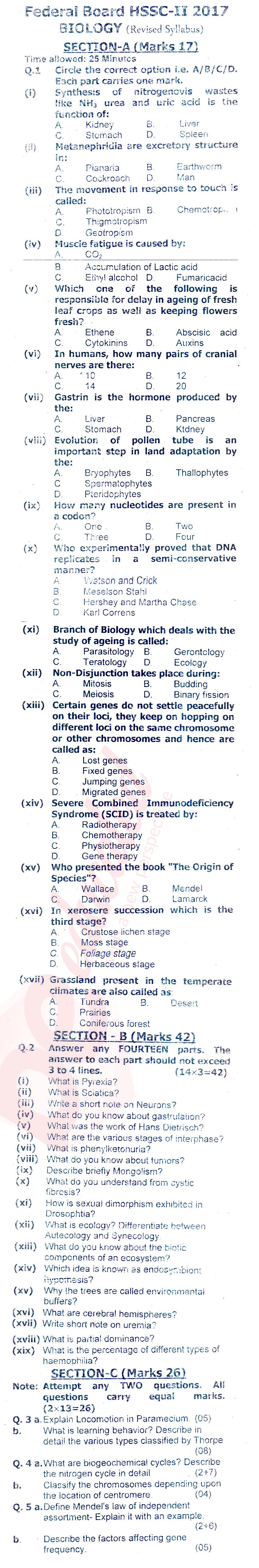 Biology FSC Part 2 Past Paper Group 1 Federal BISE  2017