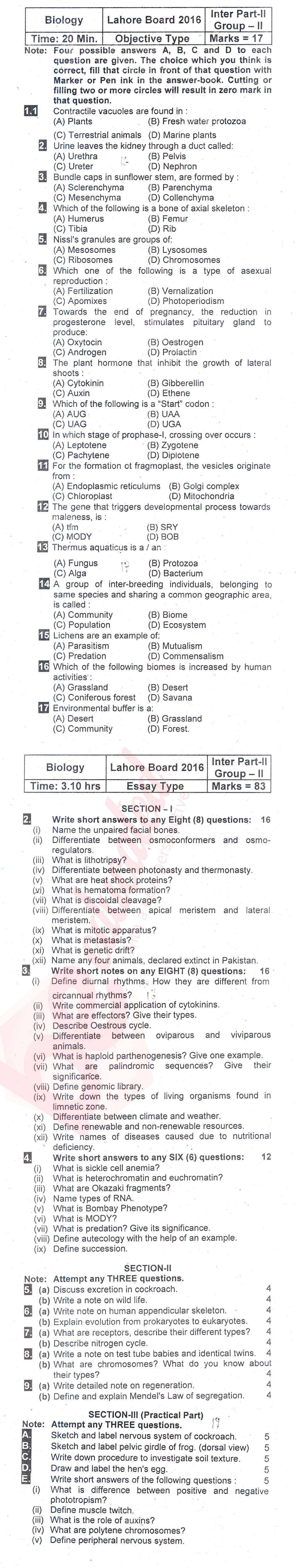 Biology FSC Part 2 Past Paper Group 2 BISE Lahore 2016