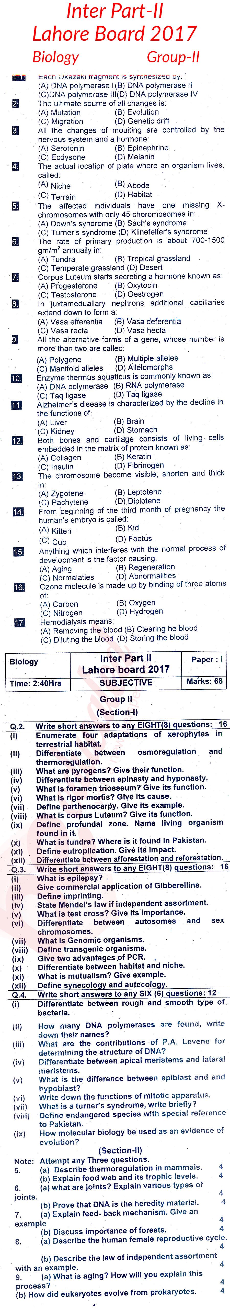 Biology FSC Part 2 Past Paper Group 2 BISE Lahore 2017