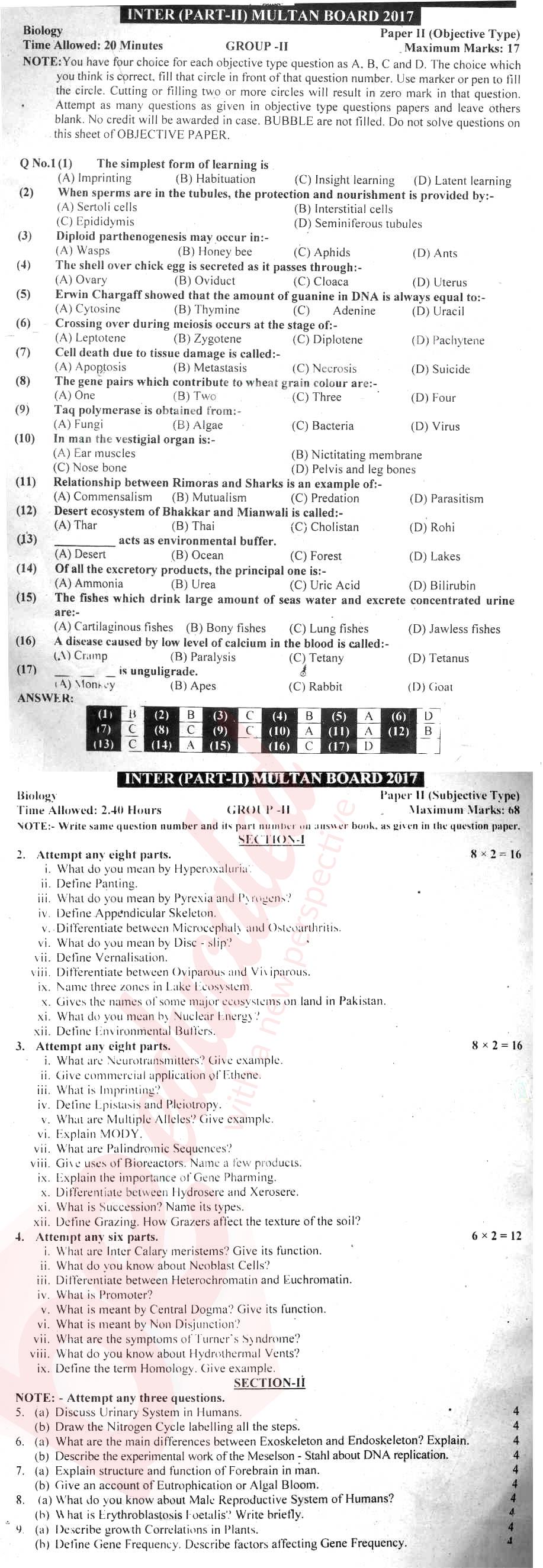 Biology FSC Part 2 Past Paper Group 2 BISE Multan 2017